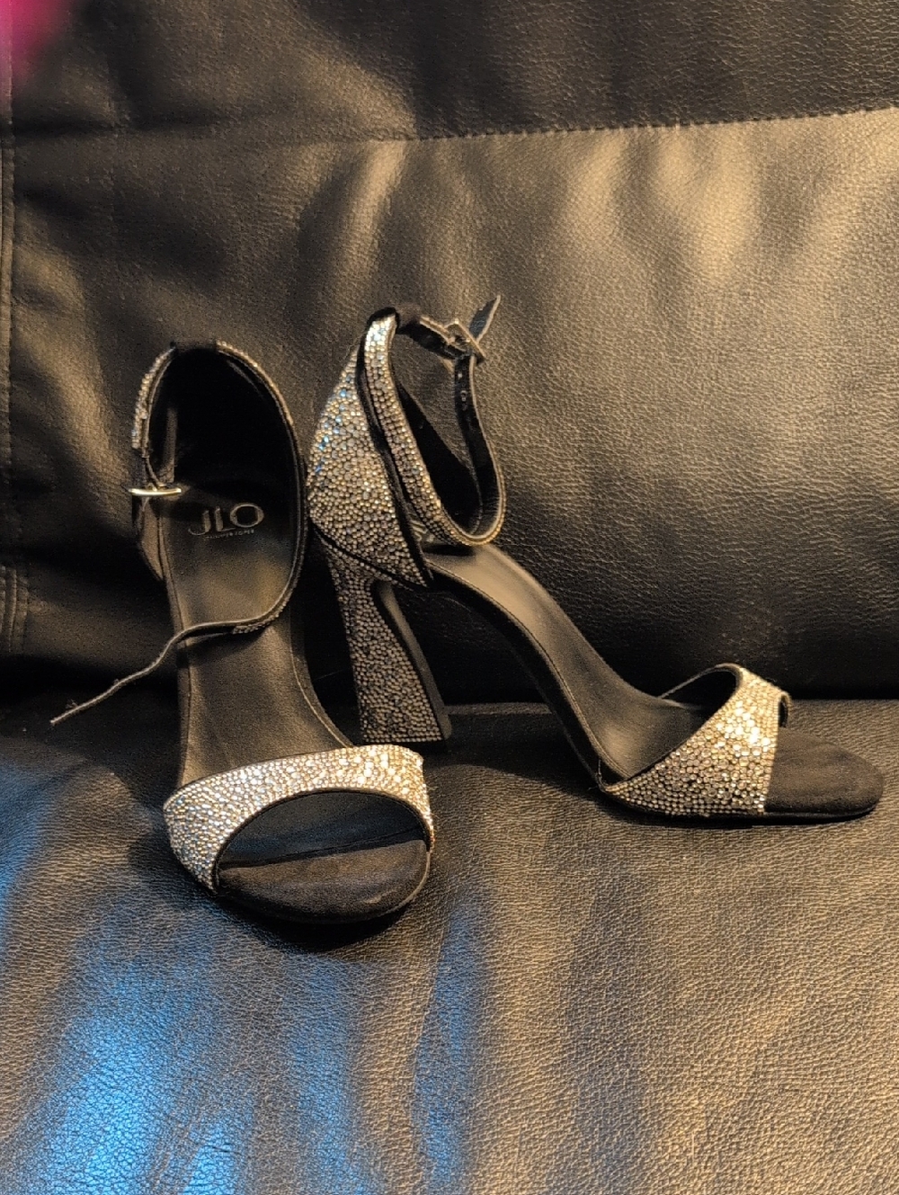 Jennifer Lopez Black Heeled Sandals with Silver Crystal Accents